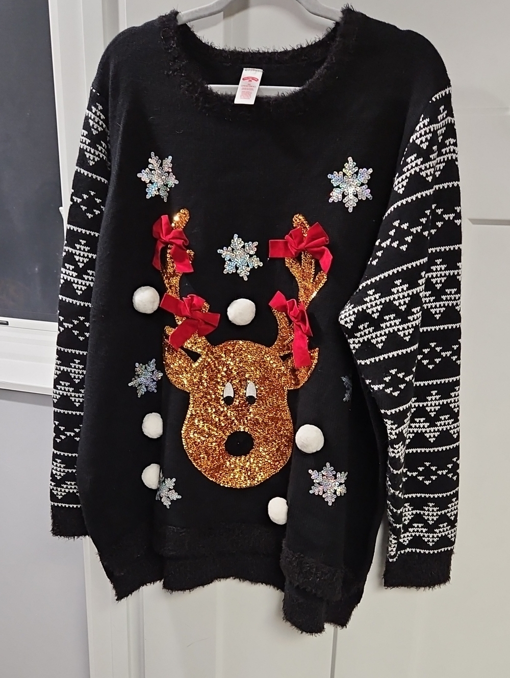 Holiday Time Black Sequin Reindeer Sweater with Red Bows